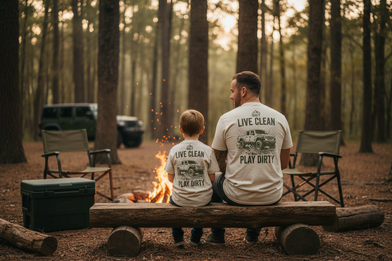 Father and son at campsite in Live Clean Play Dirty T-Shirts